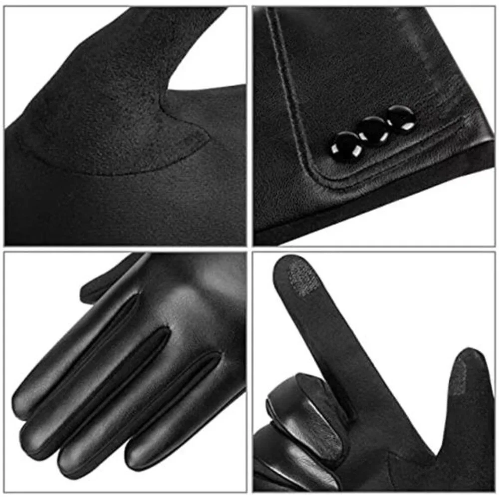 Women Winter Leather Gloves Touch Screen Wool Lined Warm Windproof Driving Glove